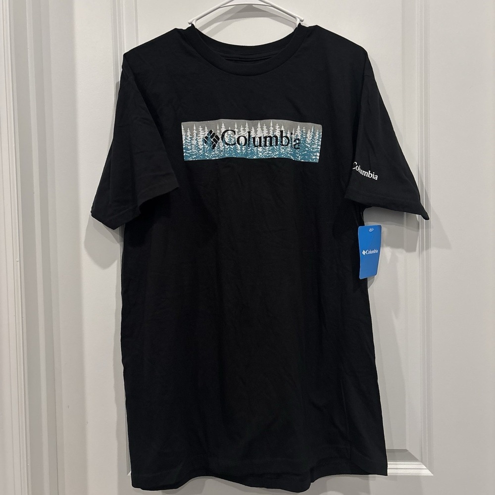 COLUMBIA Pine‎ Tree Logo T-Shirt Size Large Small 100% Cotton Black Short Sleeve